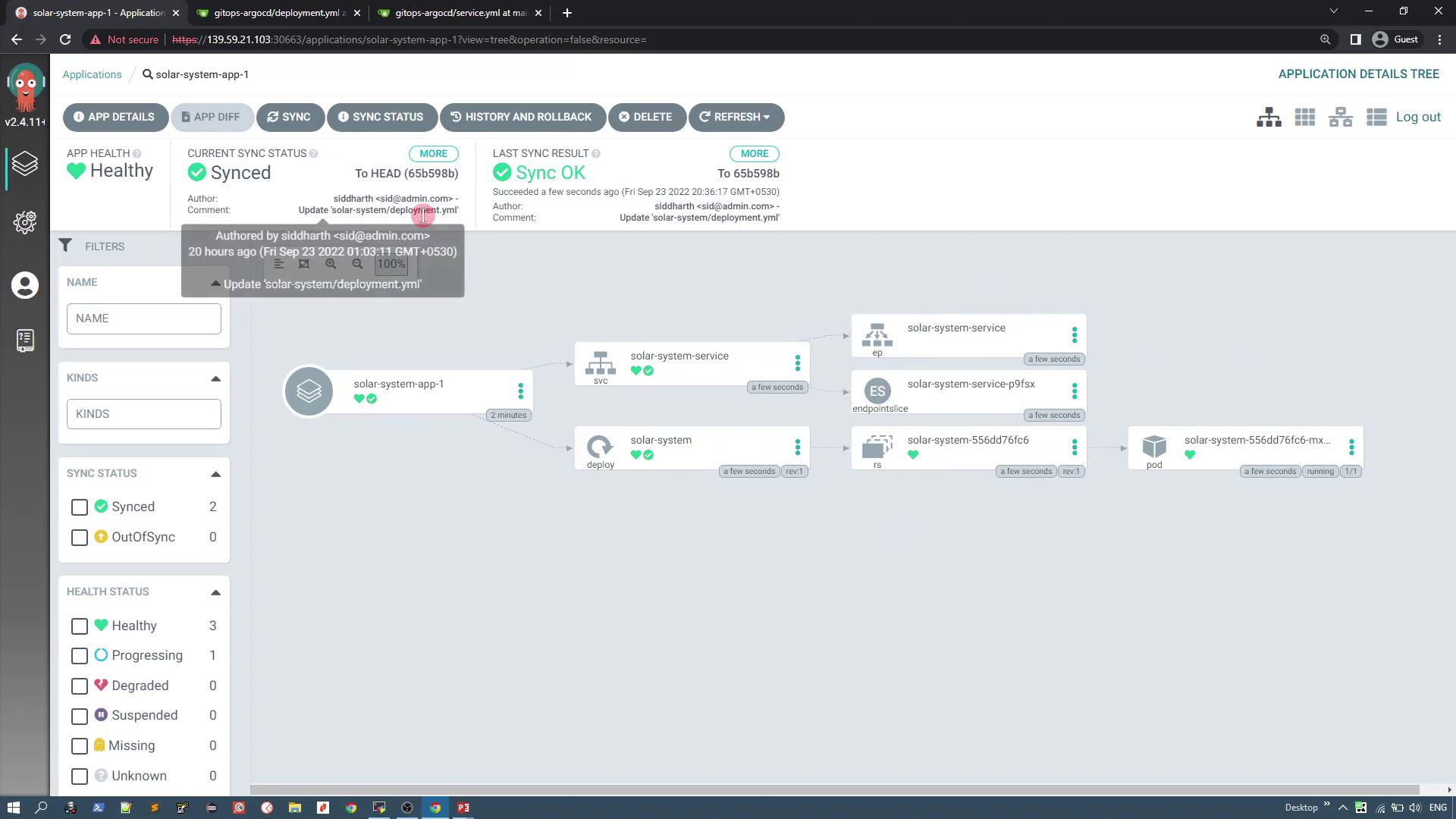 The image shows a dashboard interface for managing an application called "solar-system-app-1," displaying its health and sync status as "Healthy" and "Synced." It includes a visual representation of the application's components and their relationships.
