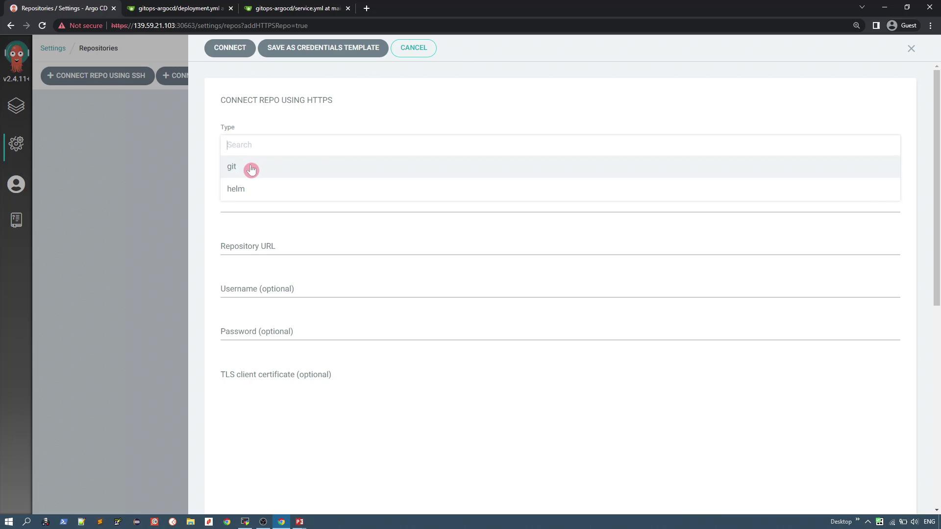 The image shows a web interface for connecting a repository using HTTPS, with options to select the type (git or helm), and fields for repository URL, username, password, and TLS client certificate.