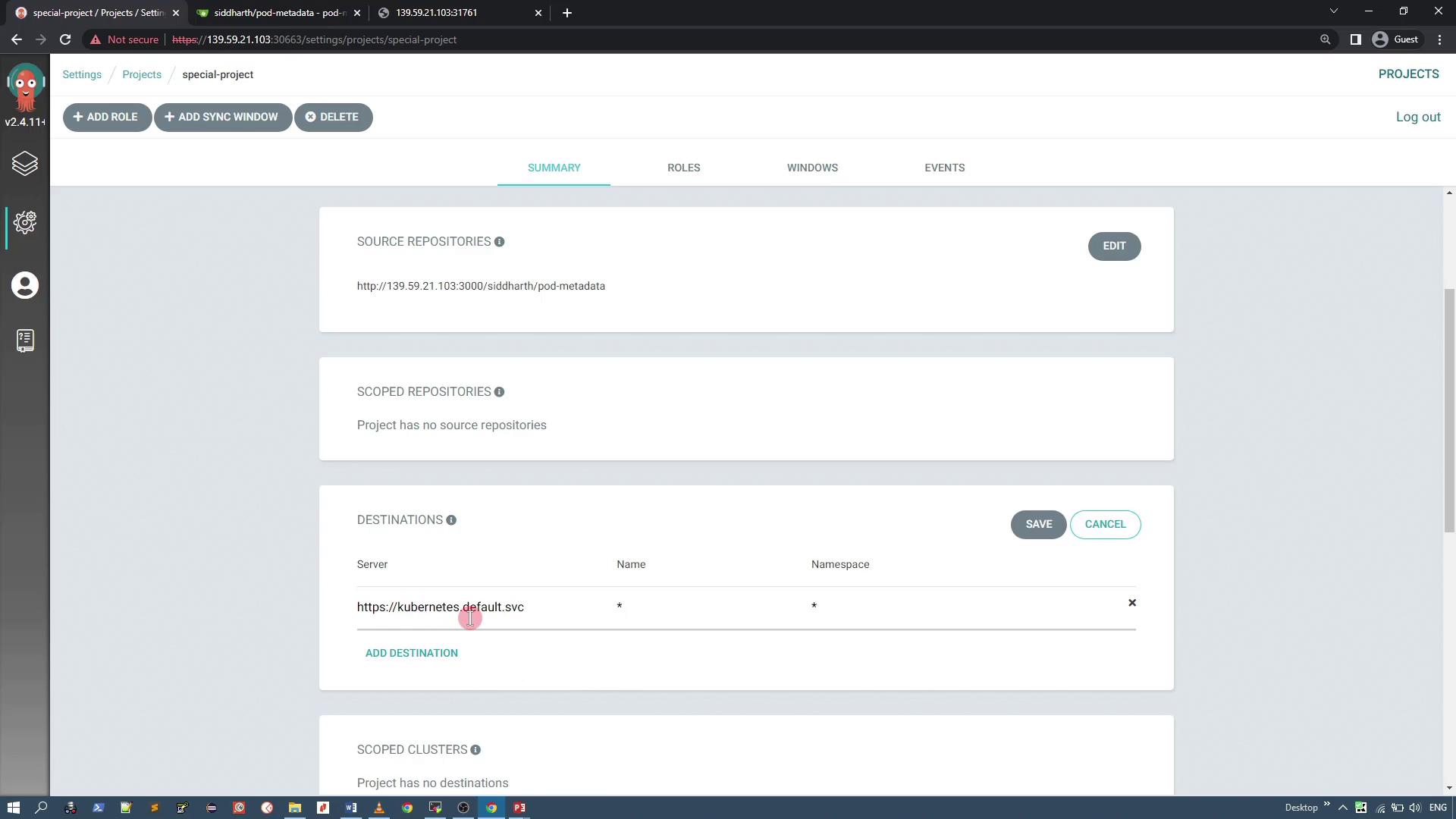 The image shows a web interface for managing a project, displaying sections for source repositories, scoped repositories, and destinations. It includes options to edit, save, or cancel changes, and shows a destination server URL.