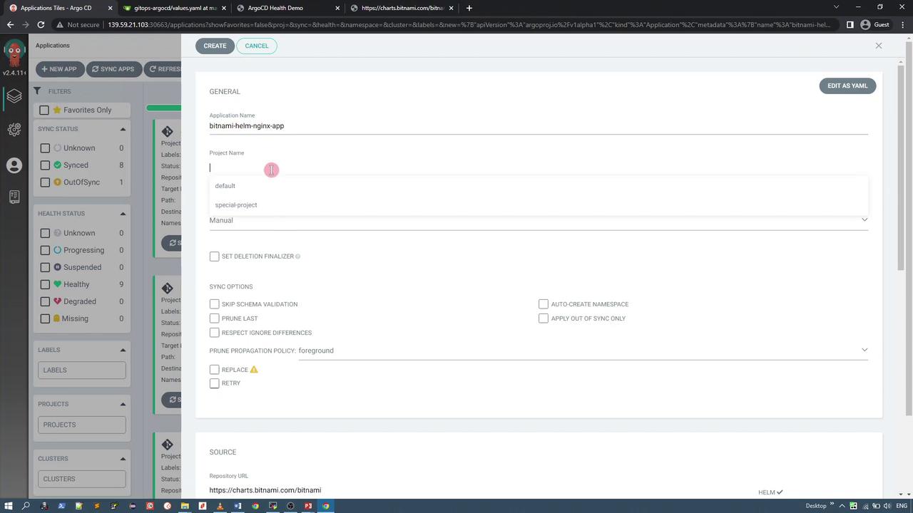 The image shows a web interface for creating or managing an application in Argo CD, with fields for application and project names, and various sync options. The left sidebar displays application statuses and filters.
