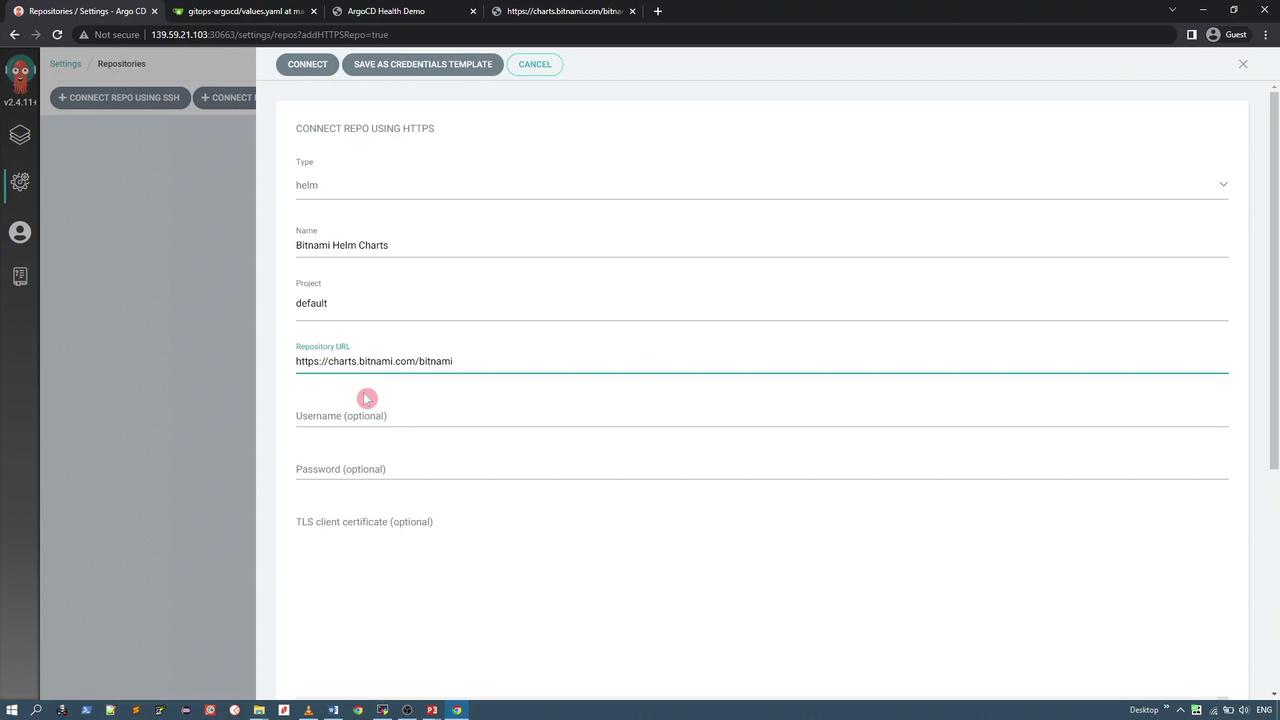 The image shows a web interface for connecting a repository using HTTPS in Argo CD, with fields for type, name, project, repository URL, and optional credentials. The repository URL is set to Bitnami Helm Charts.