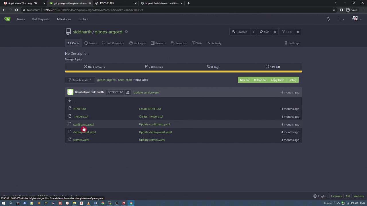 The image shows a web interface of a Git repository named "gitops-argocd" with a list of files and recent commit messages. The interface includes options for creating, uploading, and applying patches to files.