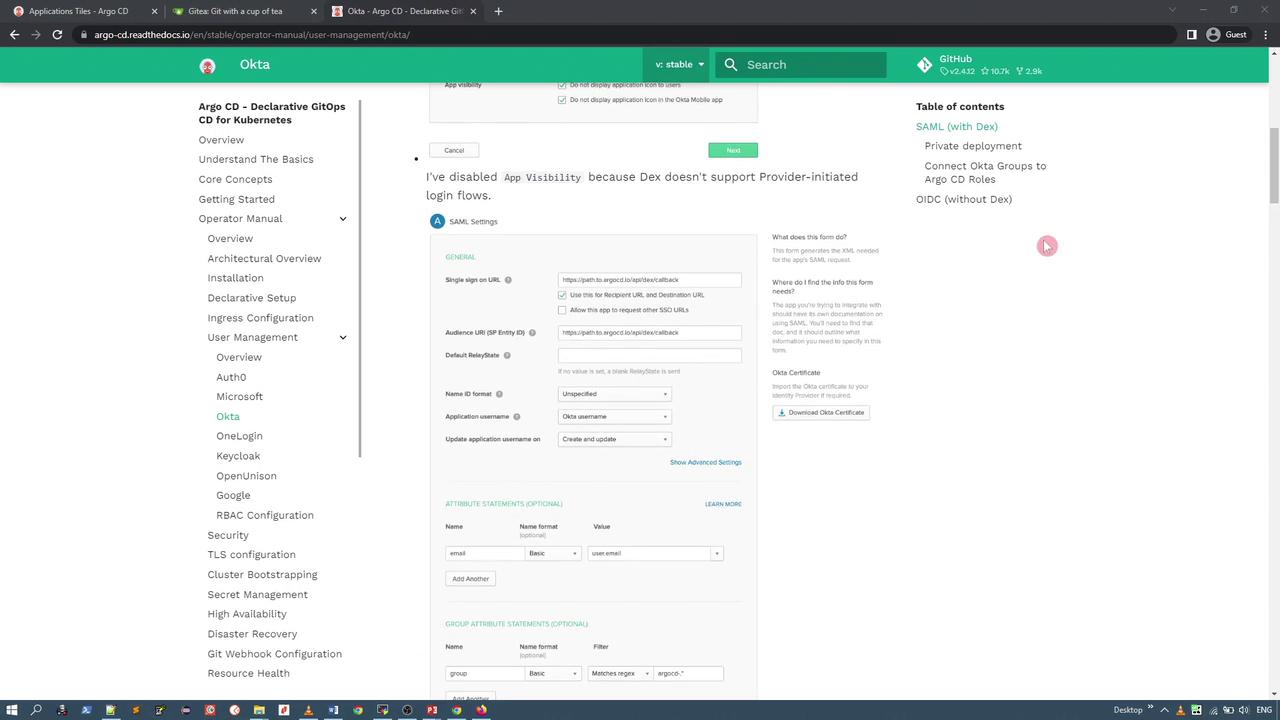 The image shows a webpage from the Argo CD documentation, specifically focusing on user management with Okta integration. It includes a section on SAML settings with various configuration options.