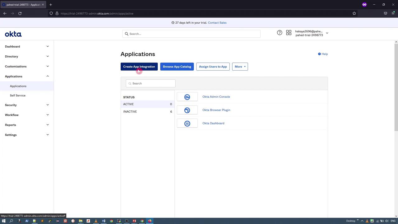 The image shows an Okta admin dashboard with a focus on the "Applications" section, displaying options to create app integrations and a list of inactive applications.