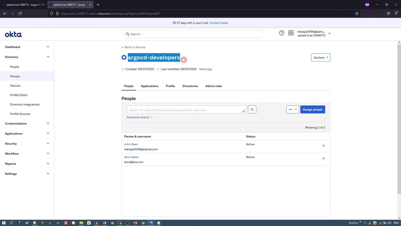 The image shows an Okta admin dashboard displaying a group named "argocd-developers" with two active users listed under the "People" tab.
