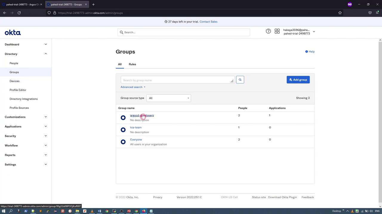 The image shows an Okta admin dashboard displaying a list of groups, including "argocd-developers," "kia-team," and "Everyone," with details on the number of people and applications associated with each group.