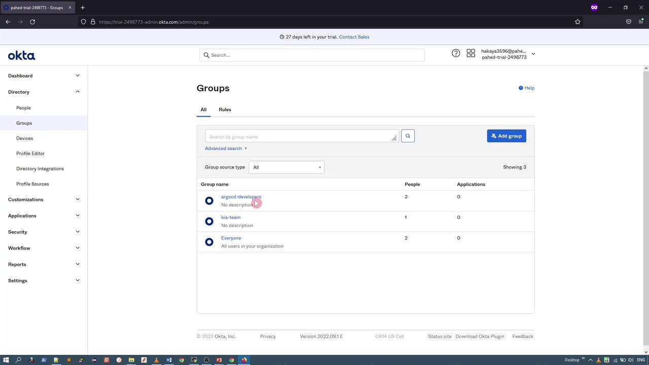 The image shows an Okta admin dashboard displaying a list of groups, including "argocd-developers," "kia-team," and "Everyone," along with the number of people and applications associated with each group. The interface includes options for searching and adding groups.