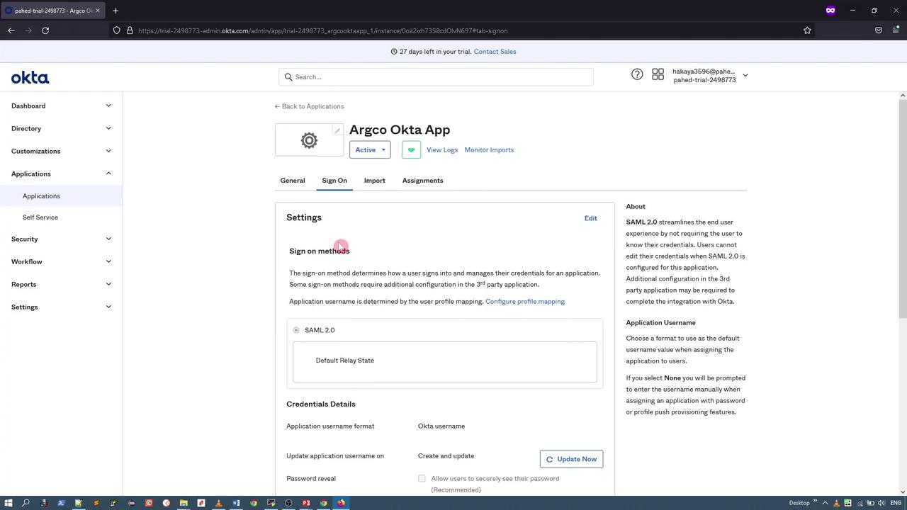 The image shows a screenshot of the Okta admin dashboard, specifically the "Sign On" settings page for an application named "Argco Okta App." It includes options for configuring sign-on methods and application username settings.