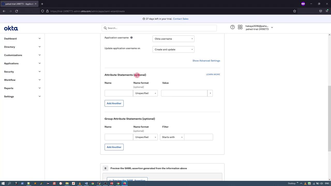The image shows an Okta admin interface for configuring SAML settings, including options for application username, attribute statements, and group attribute statements. The interface includes a navigation menu on the left and fields for entering specific configuration details.