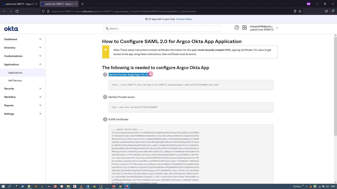 The image shows a webpage from Okta with instructions on configuring SAML 2.0 for an application, including details like the Identity Provider Single Sign-On URL, Identity Provider Issuer, and an X.509 Certificate.