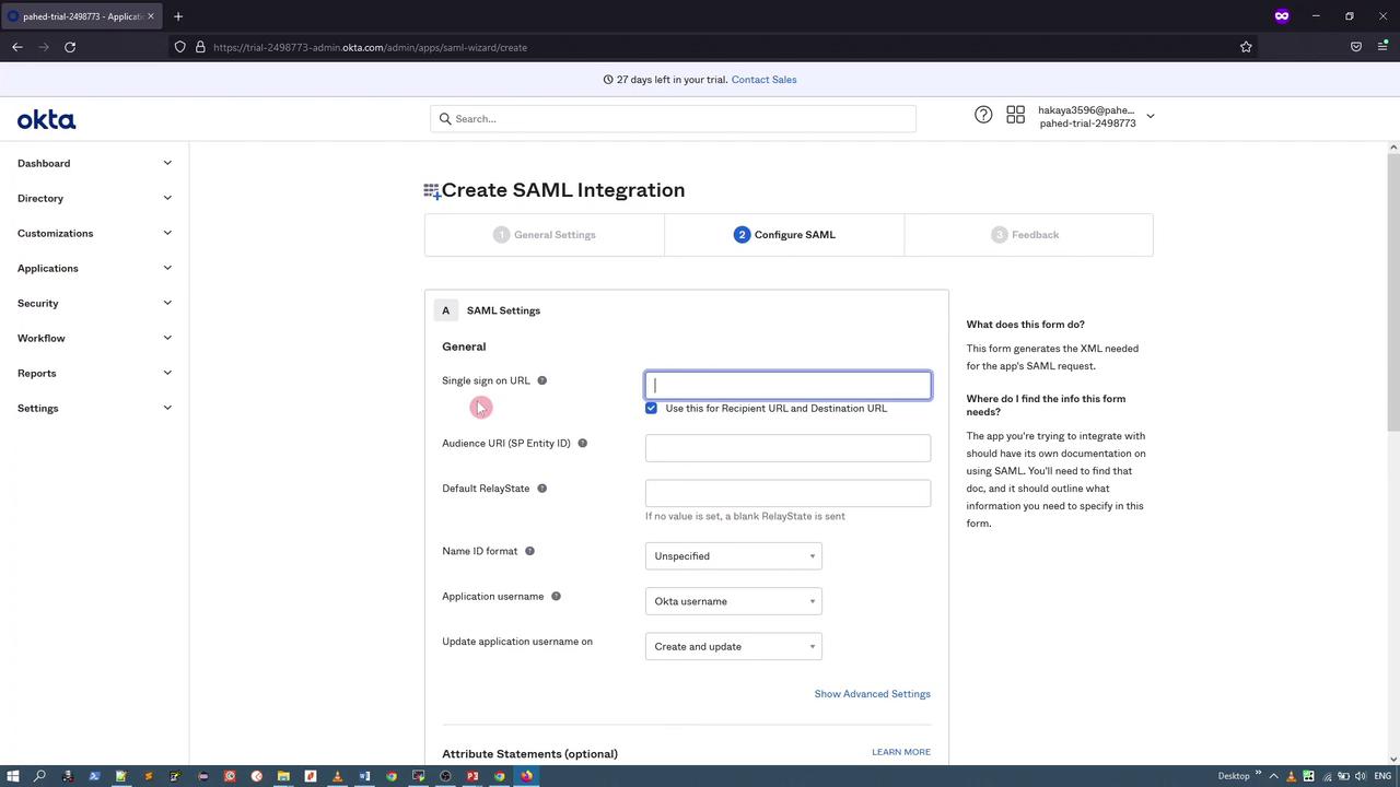 The image shows a web interface for creating a SAML integration in Okta, with fields for configuring SAML settings such as Single sign-on URL and Audience URI.