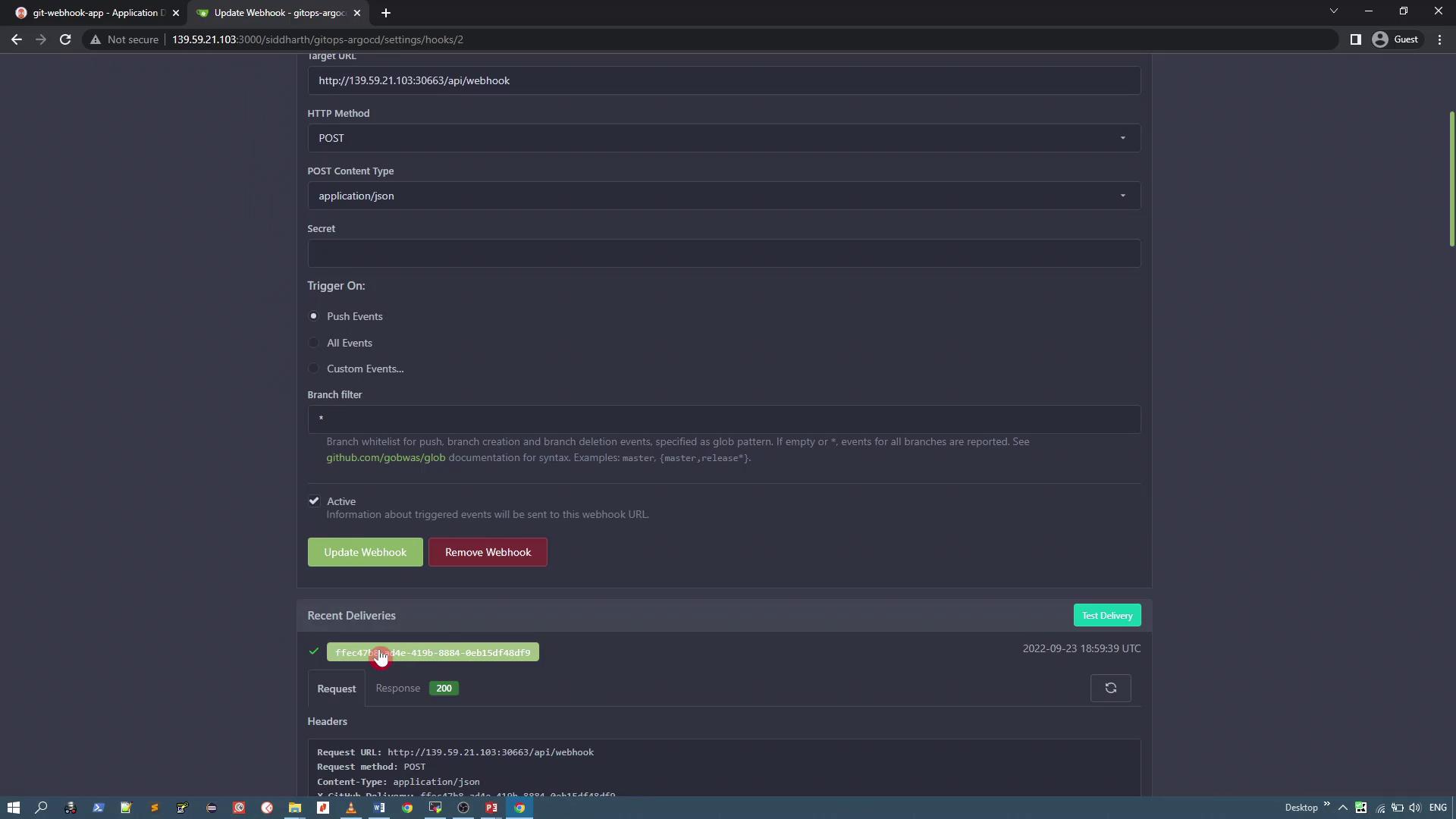 The image shows a webhook configuration interface with options for setting the target URL, HTTP method, and trigger events. It also displays recent delivery details, including a successful POST request.