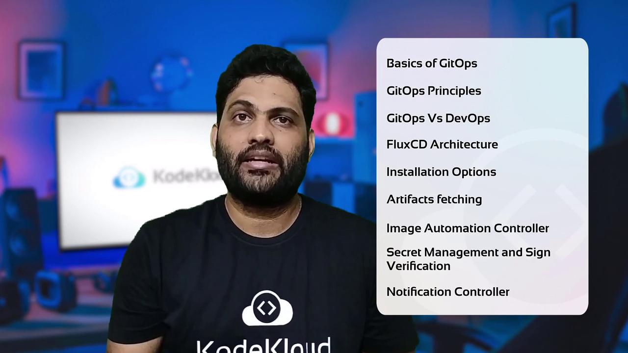 The image shows a person in front of a blurred background with a list of topics related to GitOps, including "Basics of GitOps" and "FluxCD Architecture," displayed on the right.