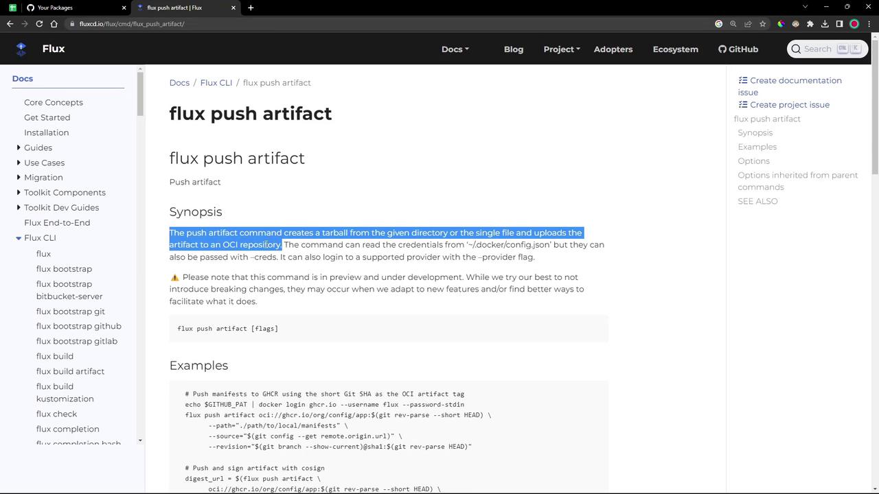The image shows a webpage from the Flux documentation, specifically detailing the "flux push artifact" command. It includes a synopsis of the command's functionality, which involves creating a tarball and uploading it to an OCI repository, along with examples and additional options.