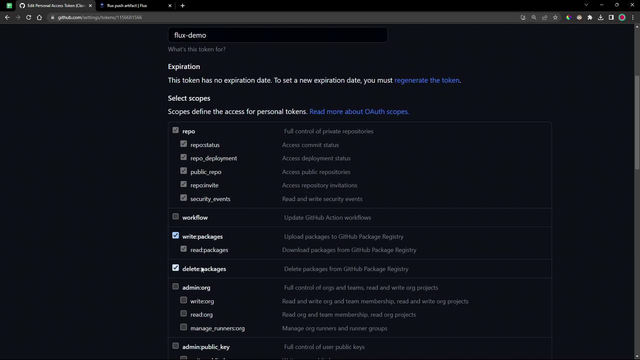 The image shows a GitHub settings page for editing a personal access token, with various scopes selected for repository and package management permissions.