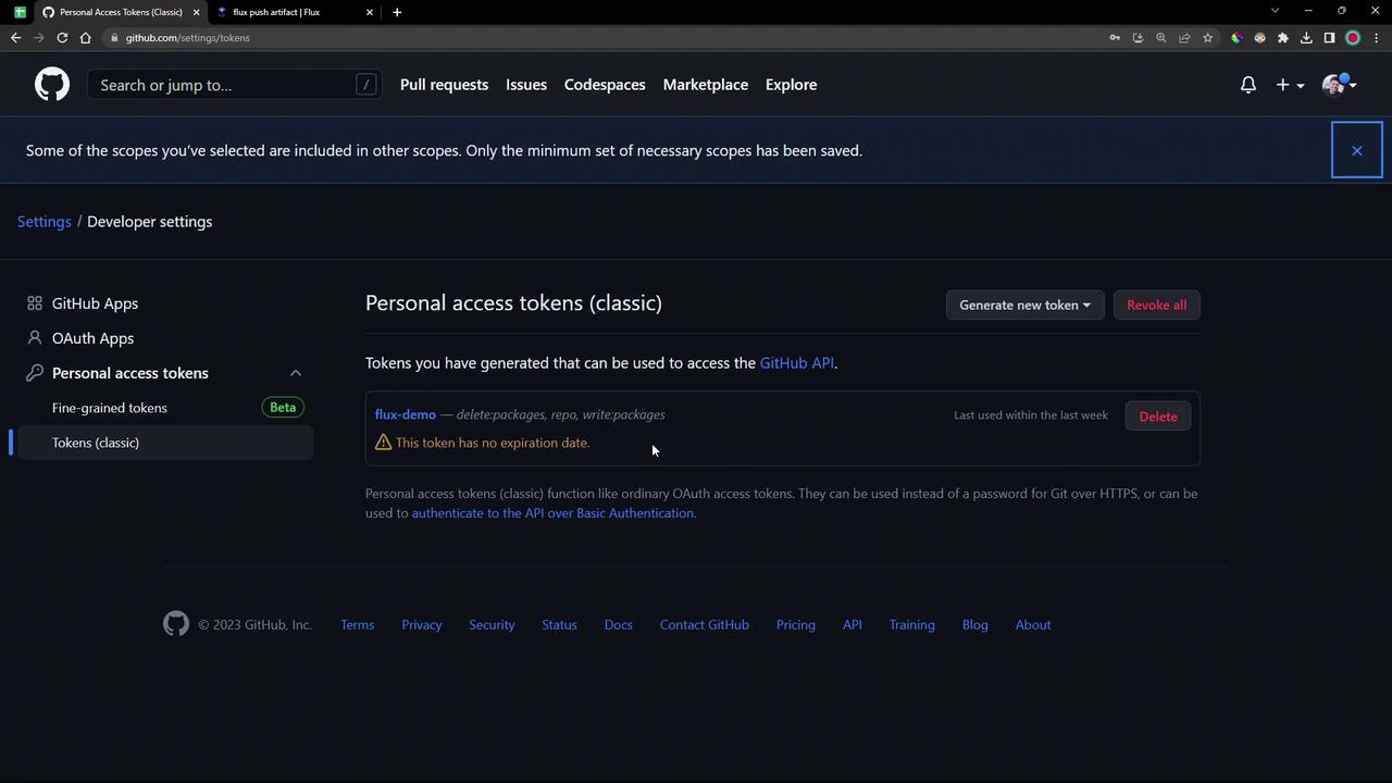 The image shows a GitHub settings page for managing personal access tokens, specifically the "Tokens (classic)" section, with options to generate or revoke tokens.