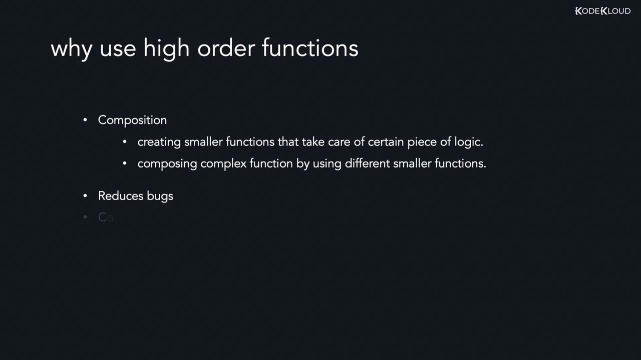 The image explains the benefits of using high-order functions, highlighting composition, reduced bugs, and creating smaller functions for specific logic.