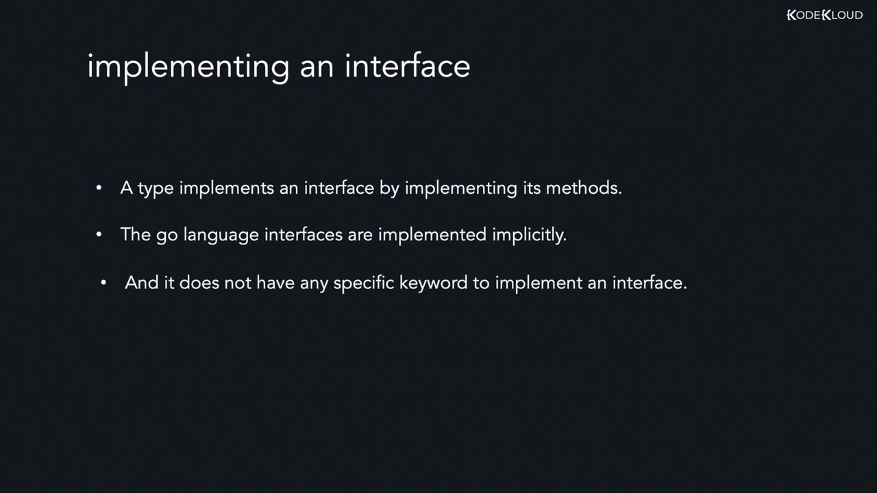 The image explains how Go language interfaces are implemented implicitly without specific keywords, by implementing their methods.
