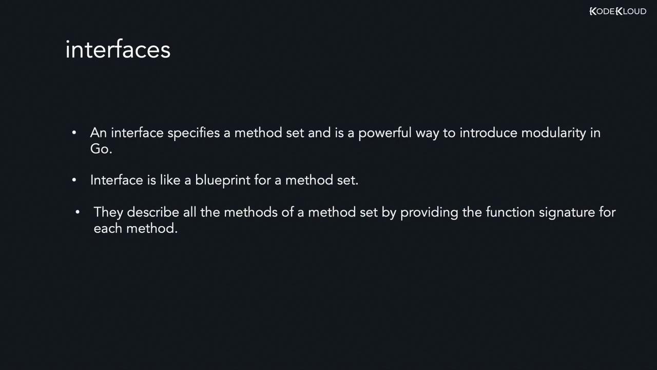 The image explains interfaces in Go, highlighting their role in specifying method sets, acting as blueprints, and providing function signatures for modularity.