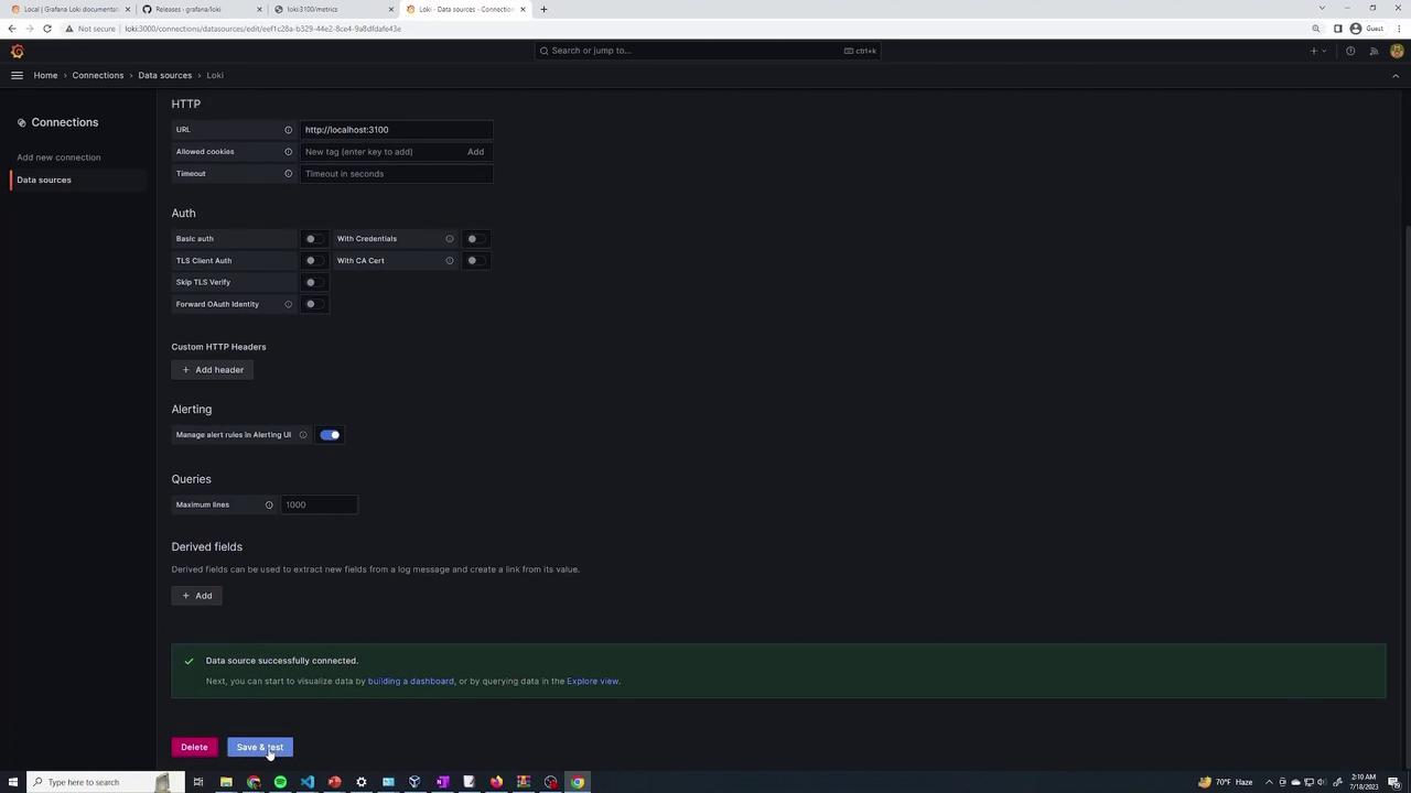 The image shows a Grafana interface for configuring a data source connection, specifically for Loki, with options for HTTP settings, authentication, and alerting. The interface indicates that the data source is successfully connected.