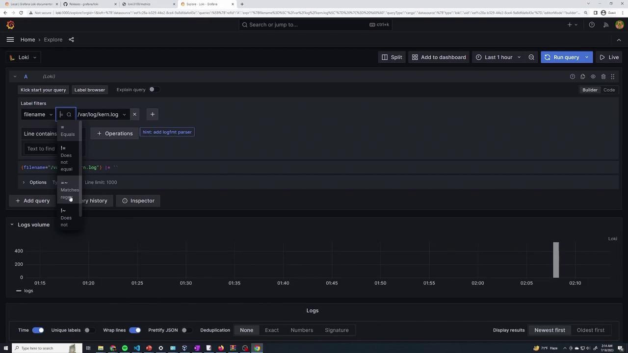 The image shows a Grafana Loki interface with a query being set up to filter logs from a specific file path. A graph and log output area are visible below the query builder.