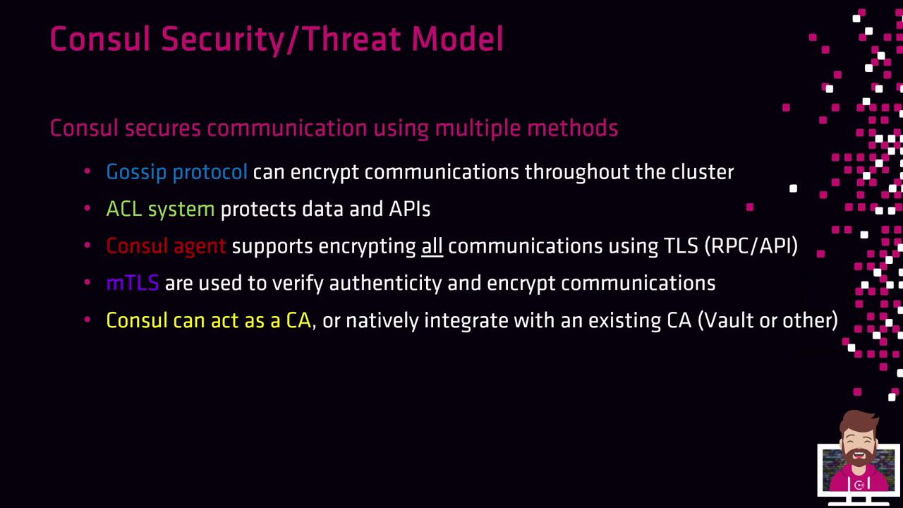 The image is a slide titled "Consul Security/Threat Model," describing various methods Consul uses to secure communication, including Gossip protocol, ACL system, Consul agent, mTLS, and acting as a CA.