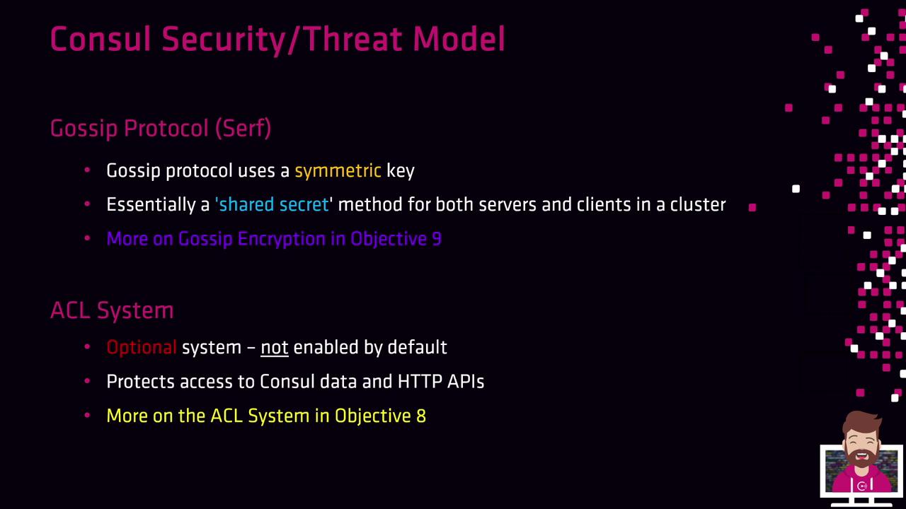 The image is a slide titled "Consul Security/Threat Model," discussing the Gossip Protocol and ACL System, highlighting their features and objectives. It includes colorful text and a pixelated design on the right side.