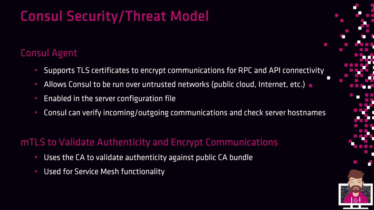 The image is a slide titled "Consul Security/Threat Model," detailing features of the Consul Agent and mTLS for encrypting communications and validating authenticity.