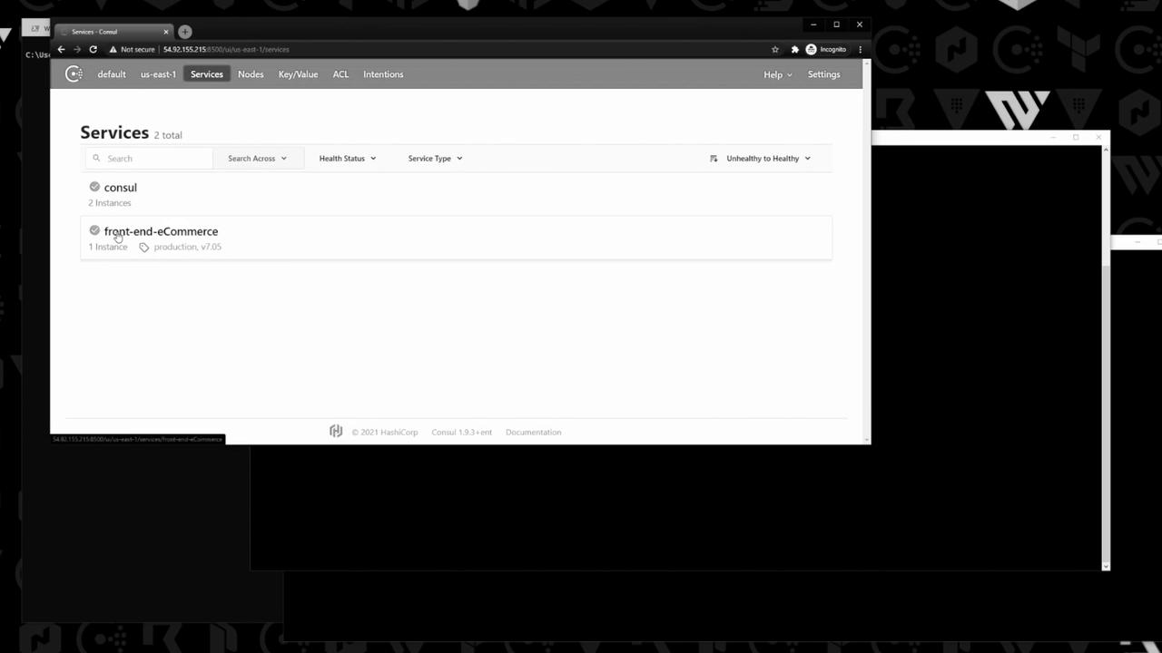 The image shows a web interface for HashiCorp Consul, displaying two services: "consul" with two instances and "front-end-eCommerce" with one instance.