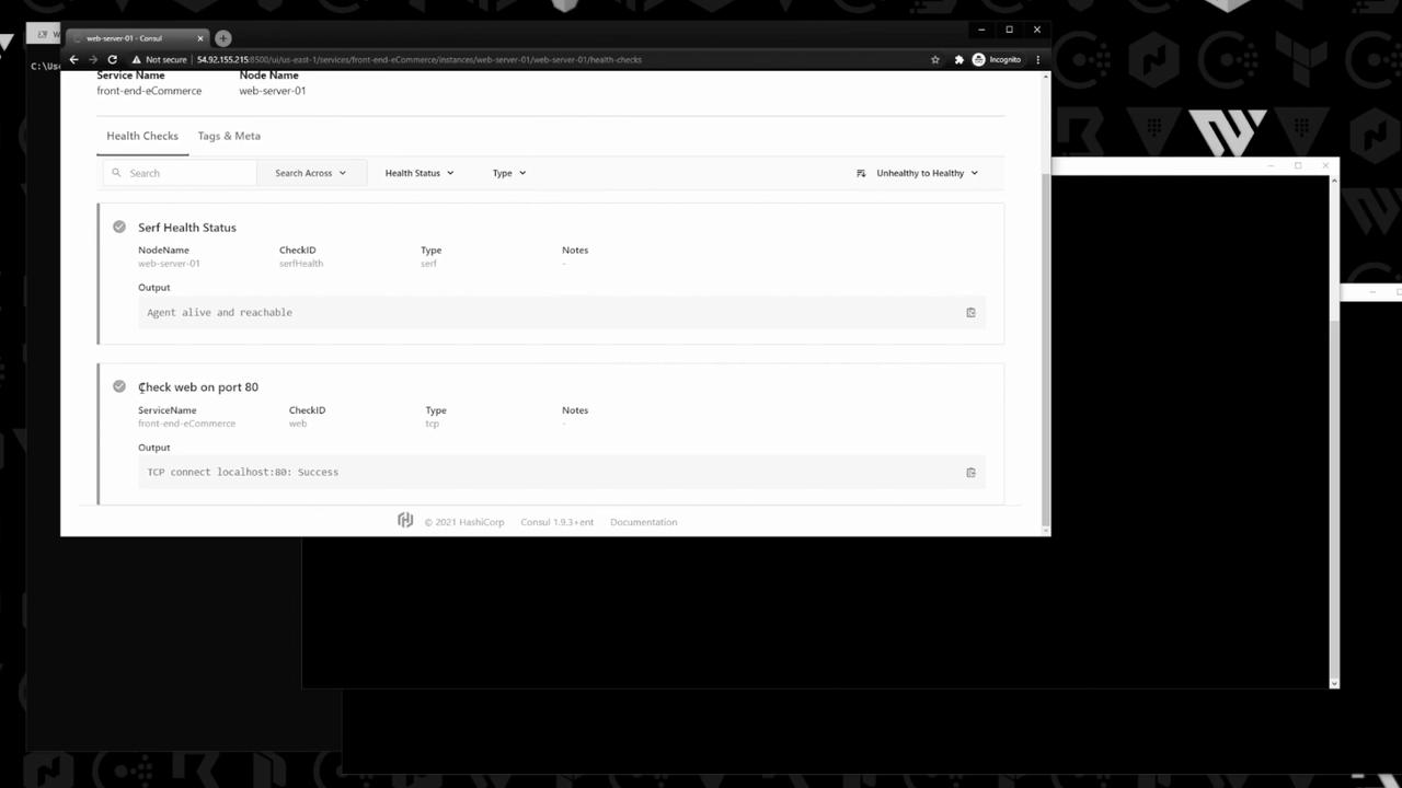 The image shows a web interface displaying health check statuses for a server, indicating that the agent is alive and reachable, and a successful TCP connection on port 80.