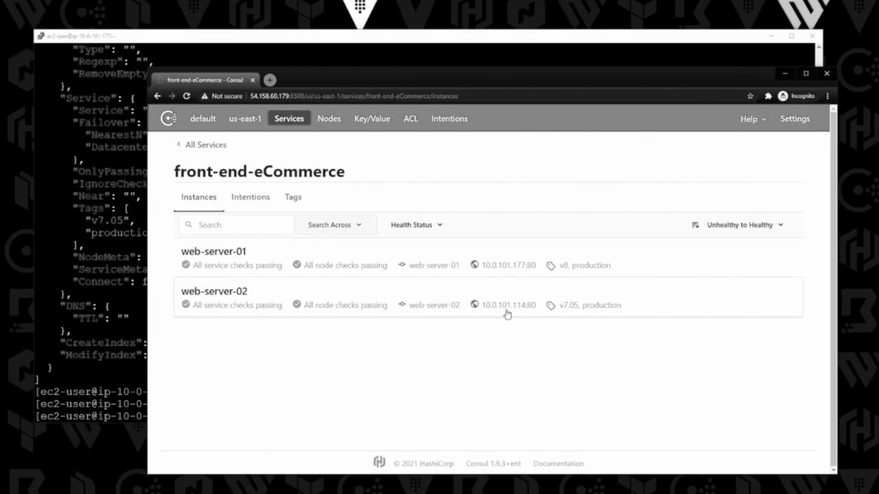 The image shows a web interface for managing services, specifically displaying two web servers under "front-end-eCommerce," with all service checks passing.