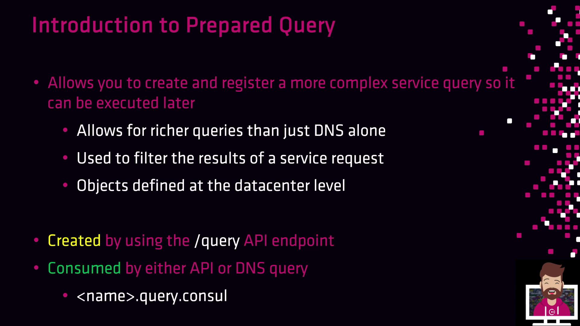 The image is a slide titled "Introduction to Prepared Query," explaining the benefits and creation of complex service queries, with a pixelated design on the right side.