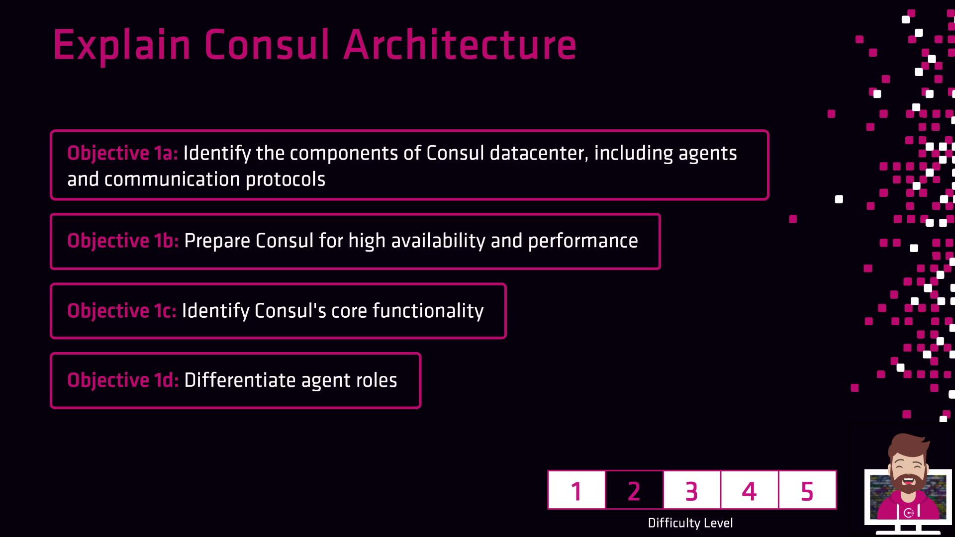 The image outlines objectives for explaining Consul architecture, including identifying components, preparing for high availability, understanding core functionality, and differentiating agent roles. It also indicates a difficulty level of 2 out of 5.
