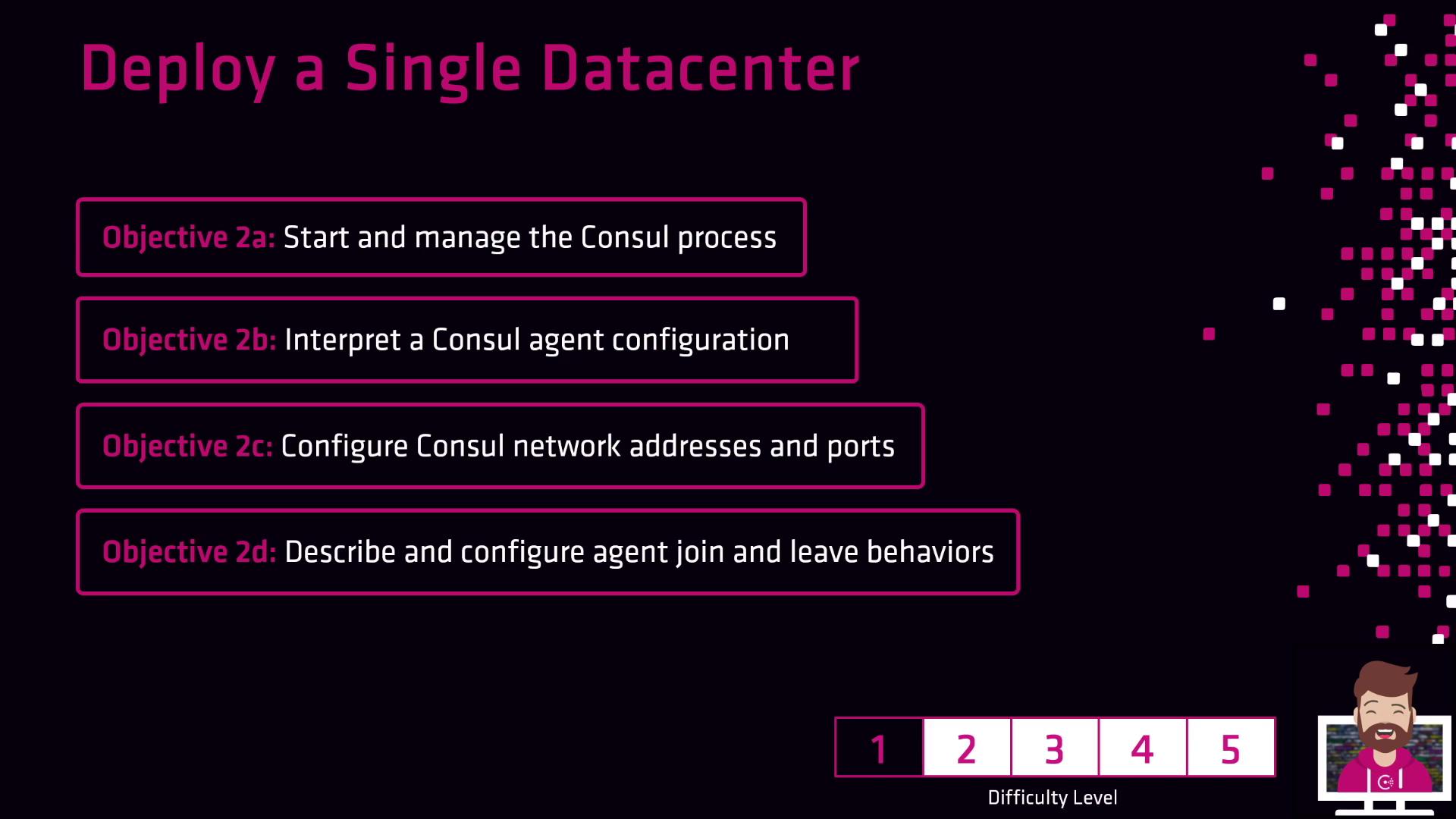 The image outlines objectives for deploying a single datacenter using Consul, including starting the Consul process, interpreting agent configurations, configuring network addresses and ports, and managing agent behaviors. It also indicates a difficulty level of 2.