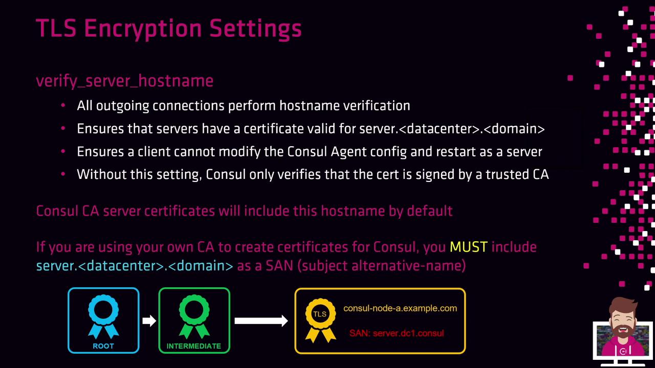 The image provides information on TLS encryption settings, specifically focusing on hostname verification for outgoing connections and certificate requirements for Consul. It includes a diagram illustrating the certificate chain from root to intermediate to a specific node.
