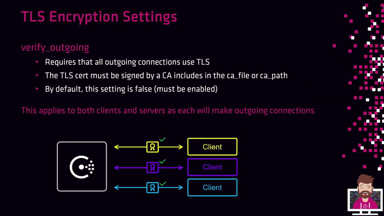The image explains TLS encryption settings, specifically the "verify_outgoing" option, which requires outgoing connections to use TLS with a certificate signed by a CA. It includes a diagram showing connections between a server and clients.