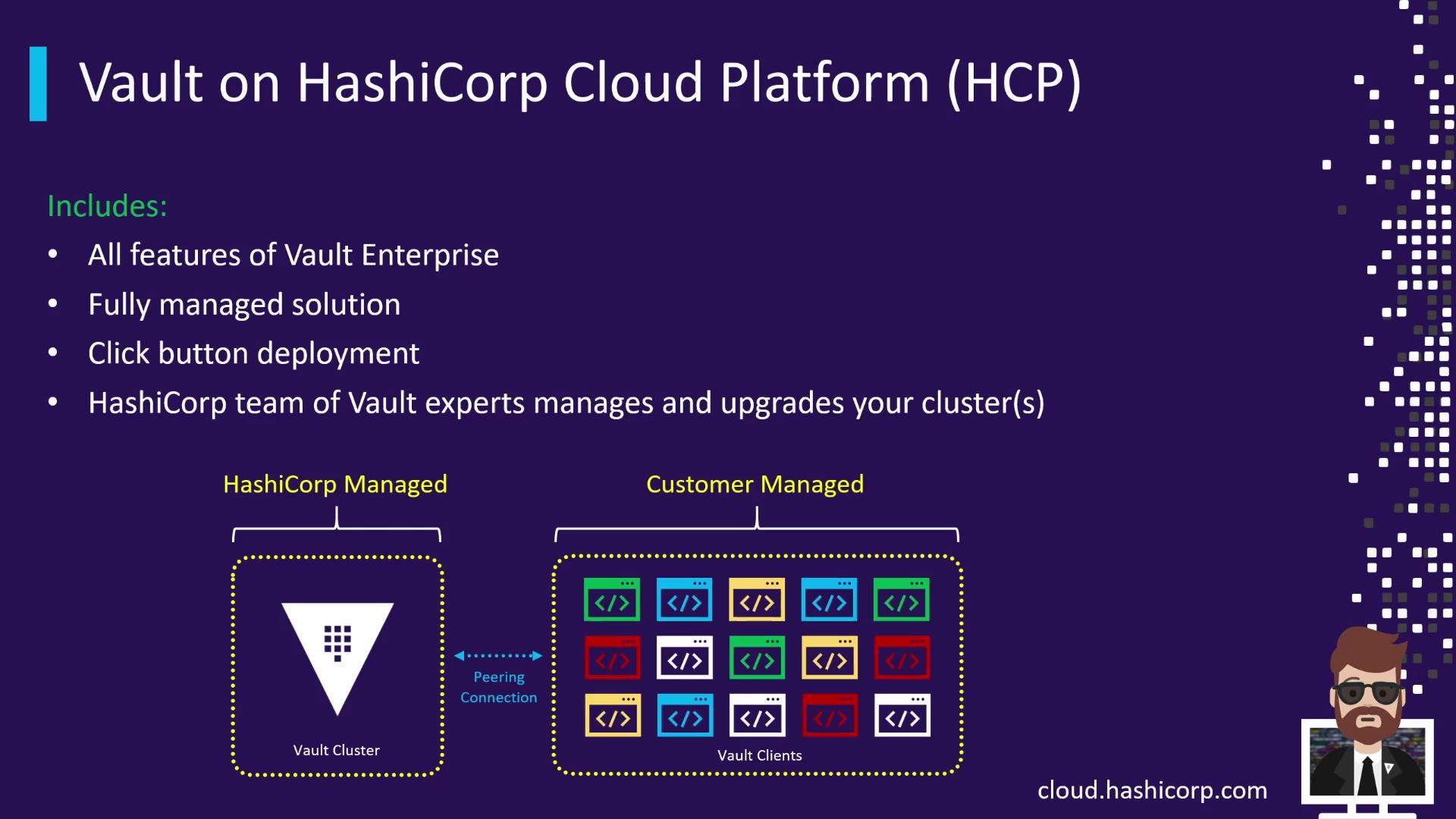 The image is a presentation slide about Vault on HashiCorp Cloud Platform (HCP), highlighting features like full management, click-button deployment, and expert support, with a diagram showing HashiCorp-managed and customer-managed components.