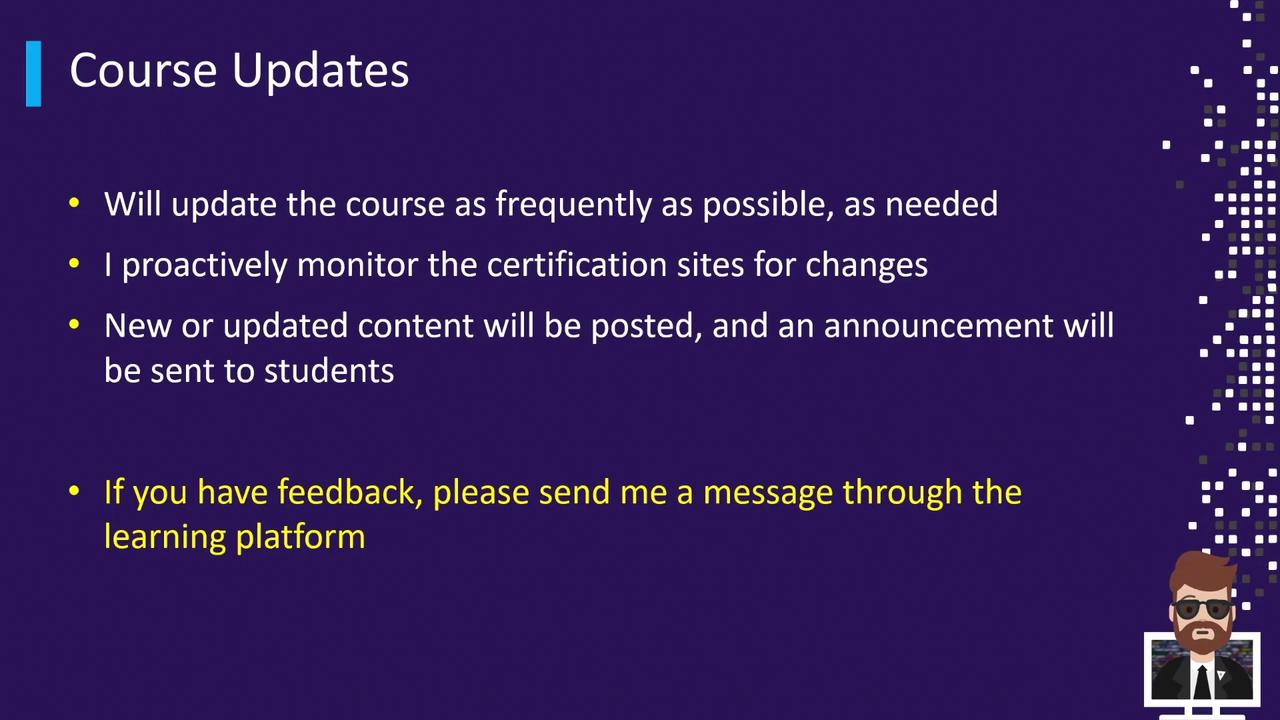 Slide summarizing course update practices and feedback channels