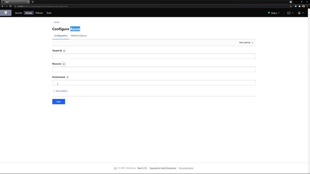 The image shows a configuration page for setting up Azure in a Vault application, with fields for Tenant ID, Resource, and Environment. There are options to save the configuration and view method options.