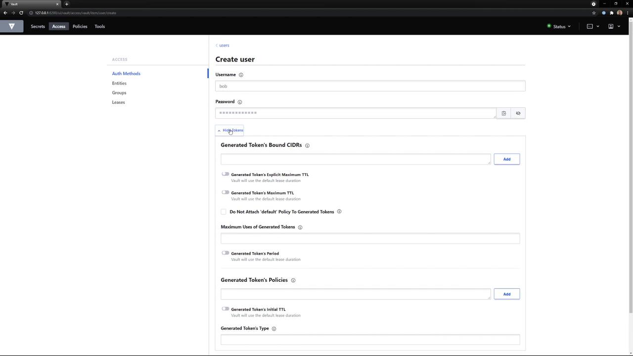 The image shows a user interface for creating a new user in a system, with fields for username, password, and token settings. It includes options for configuring generated token policies and settings.