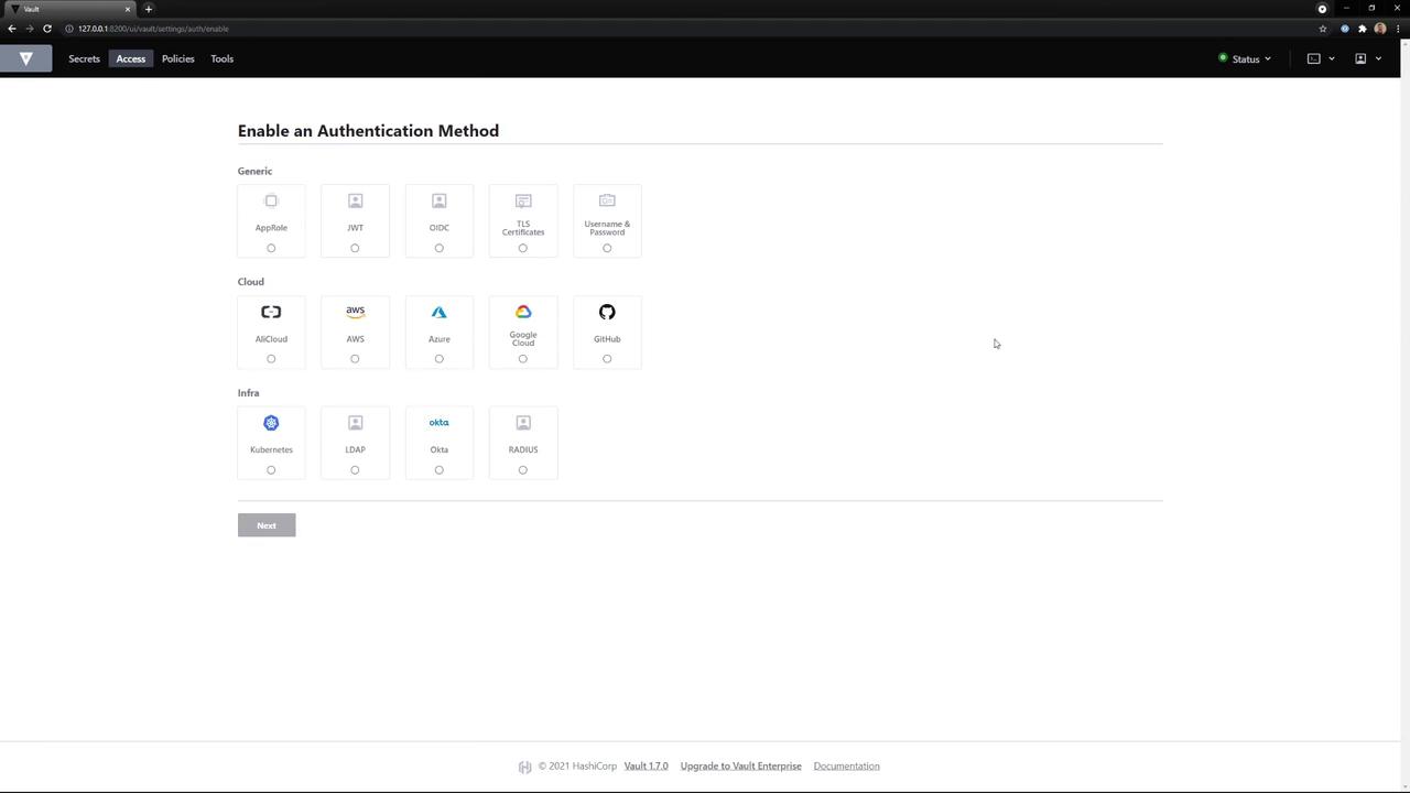 The image shows a web interface for enabling an authentication method in Vault, with options for Generic, Cloud, and Infra authentication types. Various methods like AppRole, AWS, Azure, and Kubernetes are available for selection.