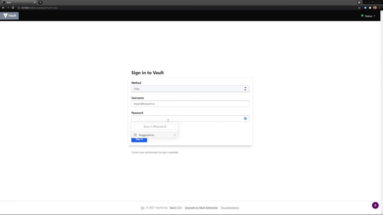 The image shows a login page for "Vault" with fields for method, username, and password, and a "Sign In" button. The method selected is "Okta," and there are options for saving the password.