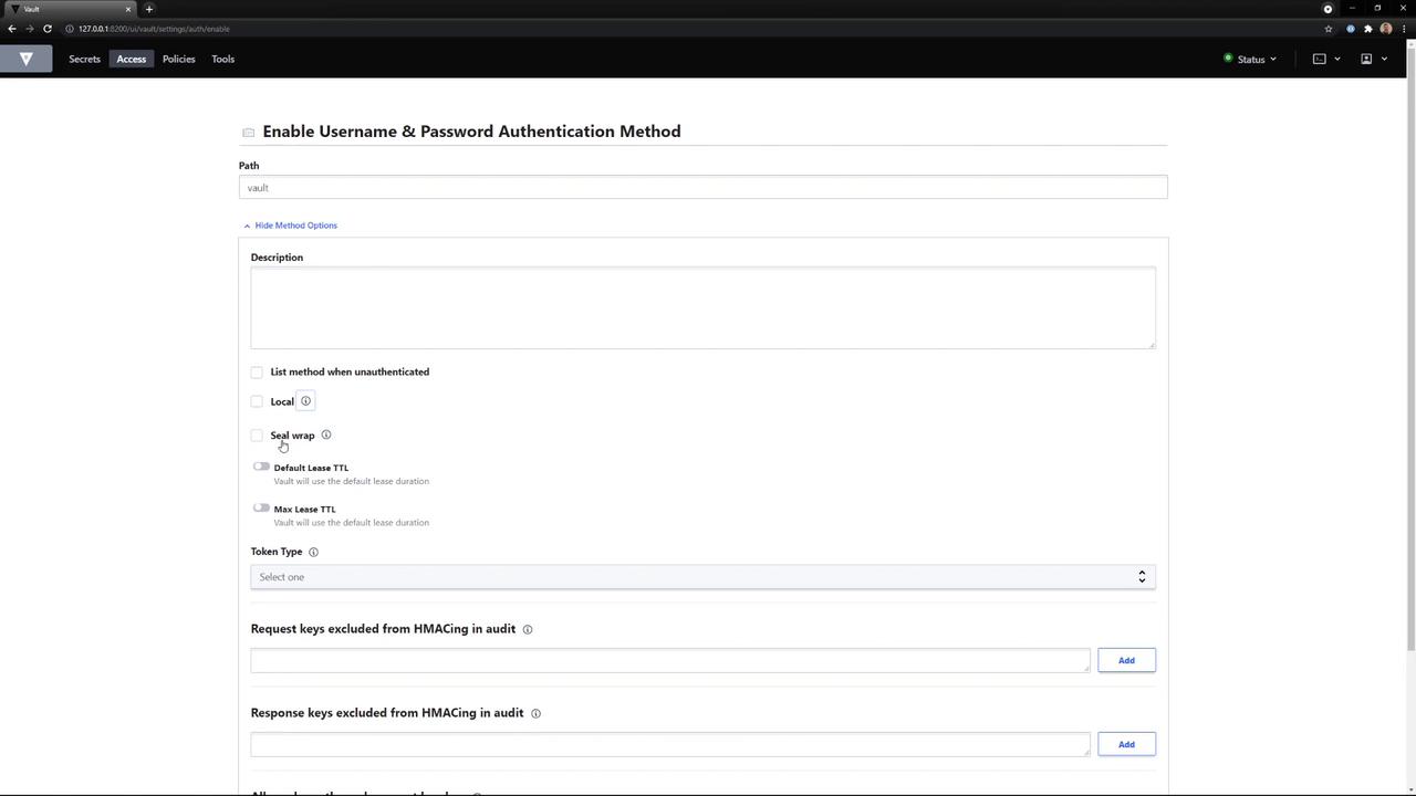 The image shows a web interface for enabling a username and password authentication method in a Vault application, with various configuration options like path, description, and token type.