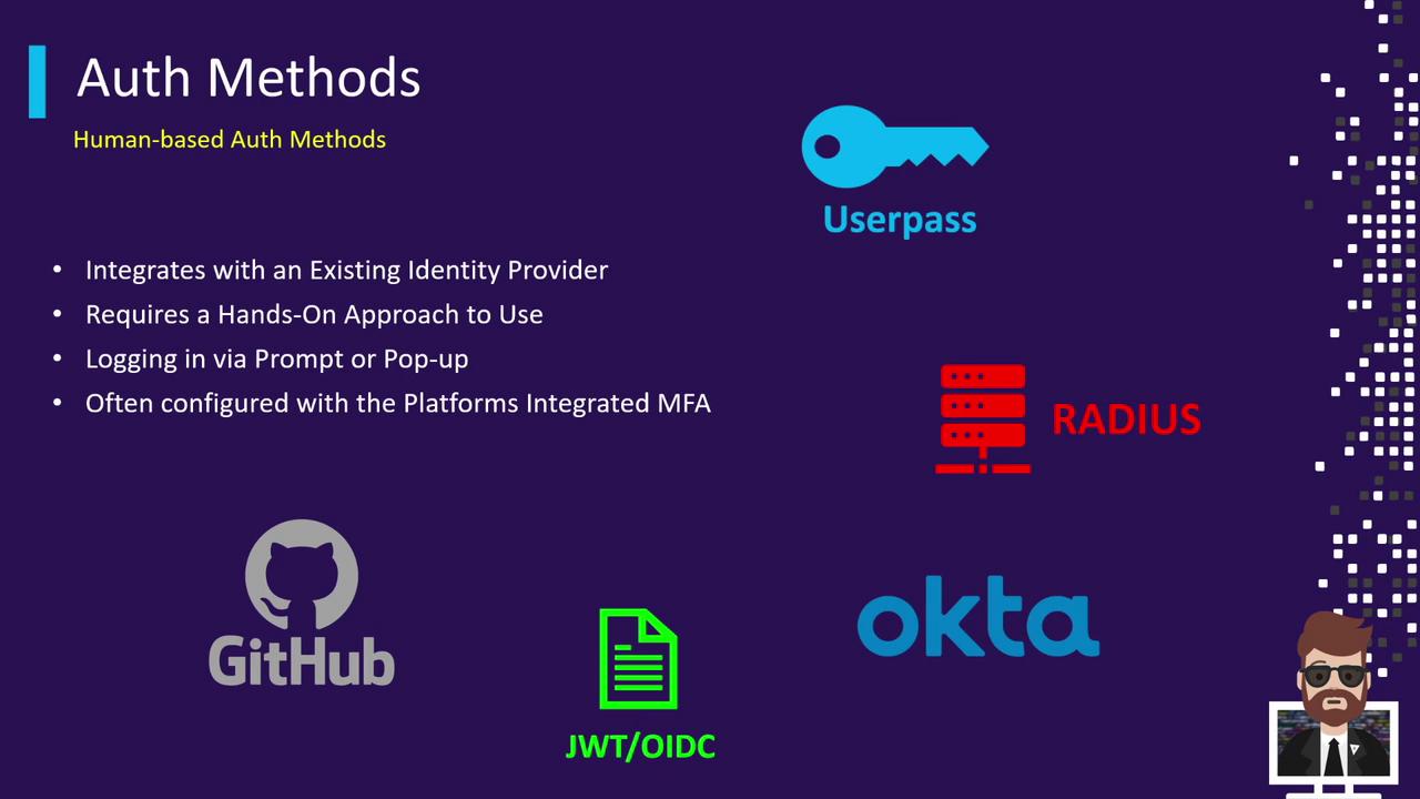 The image is a presentation slide about human-based authentication methods, featuring icons and text for Userpass, RADIUS, GitHub, JWT/OIDC, and Okta, along with a list of related features.