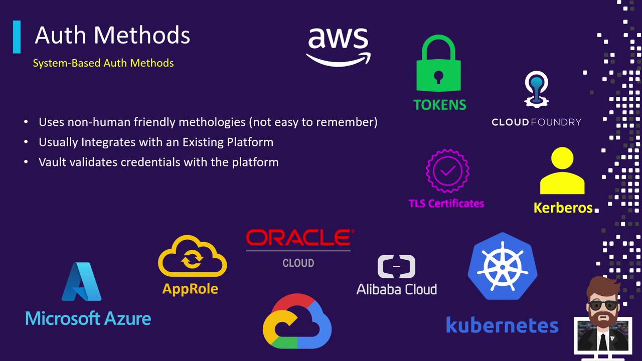 The image is a presentation slide about system-based authentication methods, featuring logos of various platforms like AWS, Microsoft Azure, Oracle Cloud, and Kubernetes, along with terms like tokens, TLS certificates, and Kerberos.