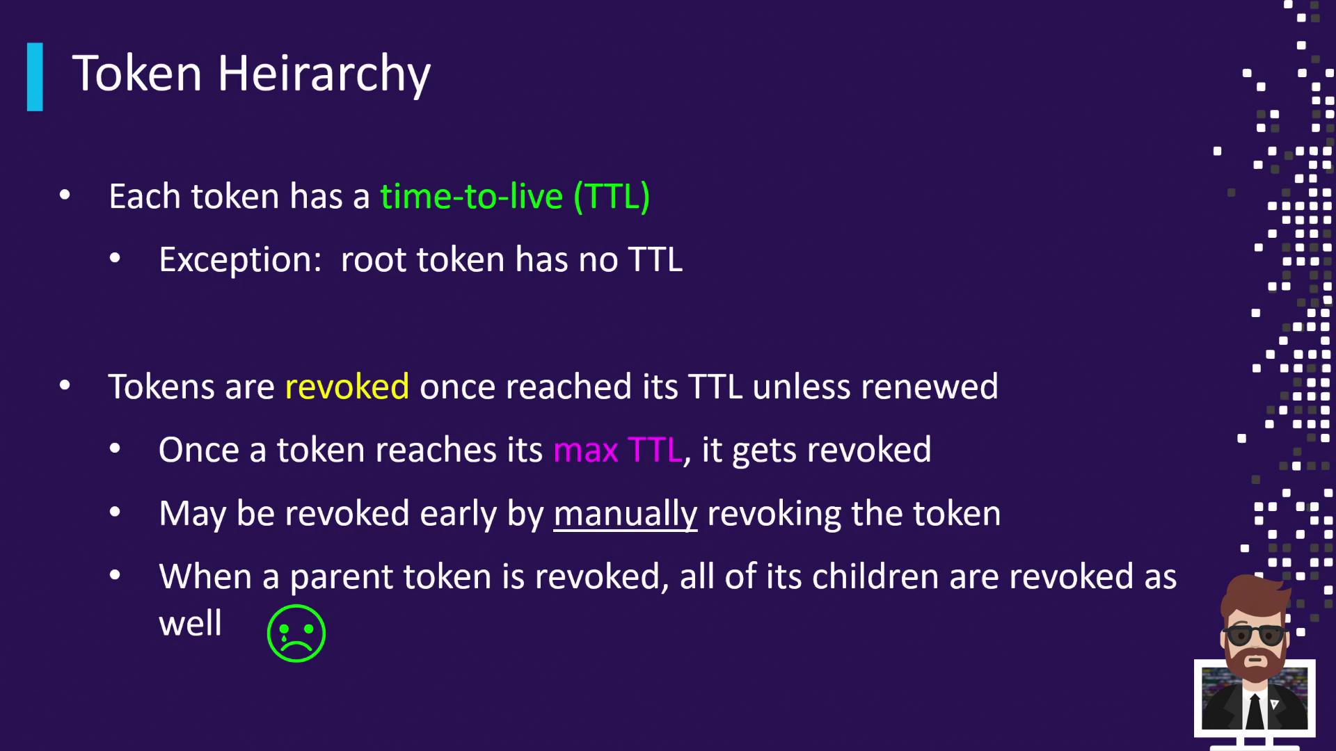 The image is a slide titled "Token Hierarchy," explaining the concept of token time-to-live (TTL) and revocation, with a note that root tokens have no TTL and a sad face emoji.