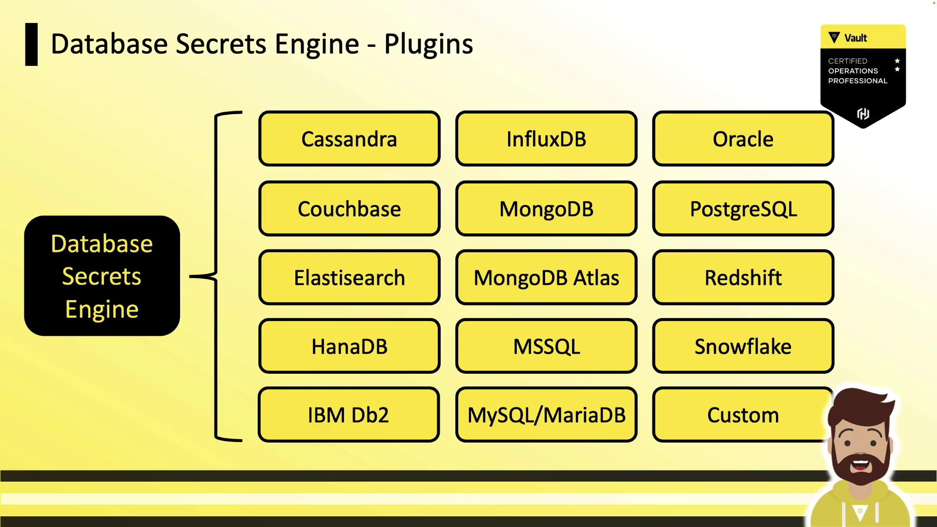 The image lists various database plugins for a "Database Secrets Engine," including Cassandra, MongoDB, Oracle, and others. It also features a Vault certification badge and a cartoon character.