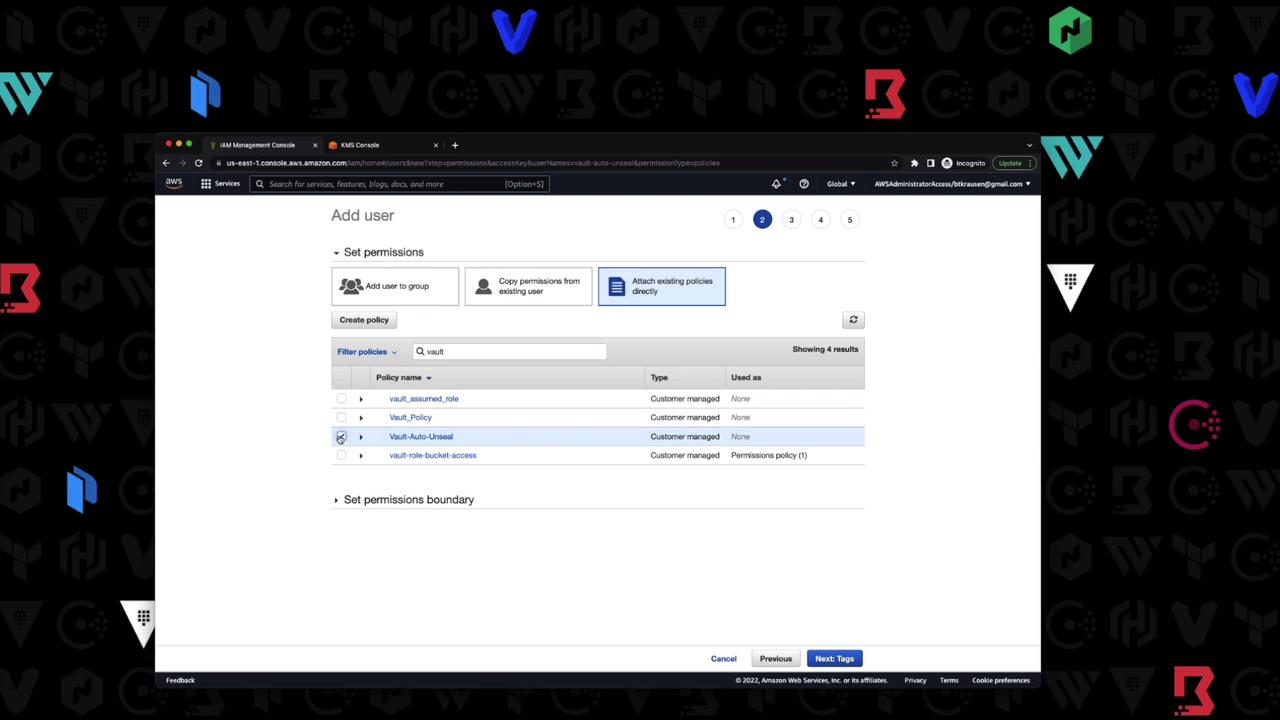 The image shows an AWS IAM Management Console screen where a user is being added, with options to set permissions by attaching existing policies directly. The background features various tech-related logos.