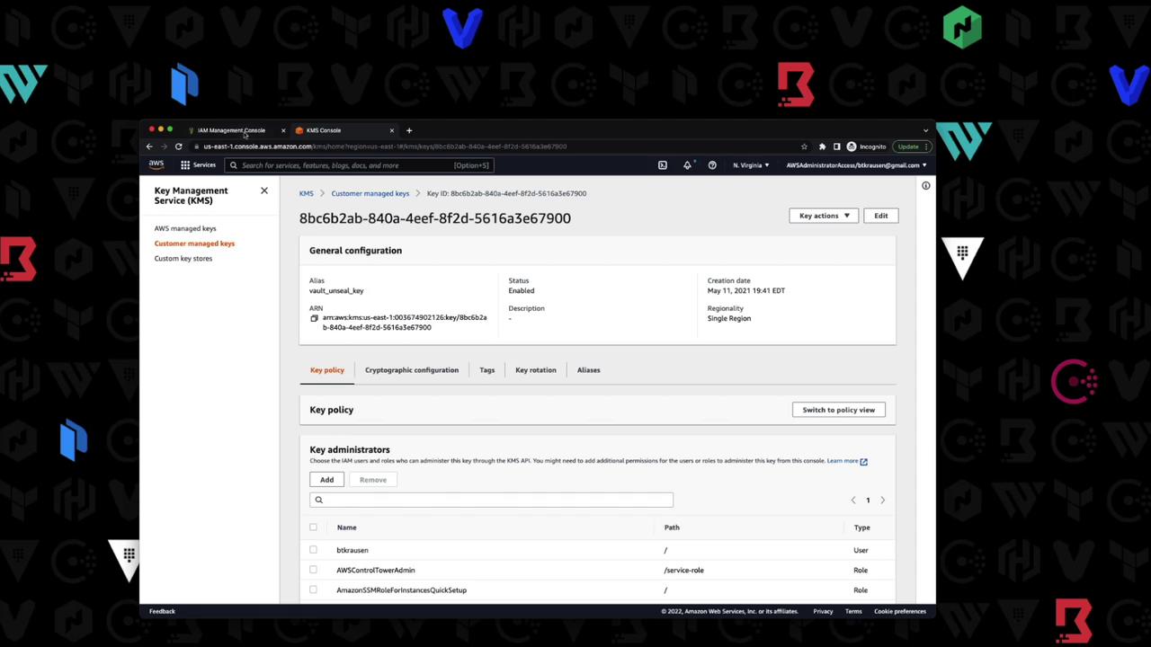 The image shows an AWS Key Management Service (KMS) console screen displaying details of a customer-managed key, including its general configuration and key administrators. The background features various logos and icons.