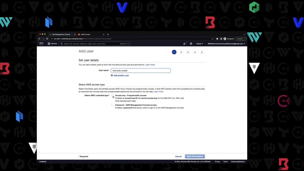 The image shows a web page from the AWS Management Console where a user is being added. It includes fields for setting user details and selecting AWS access types.